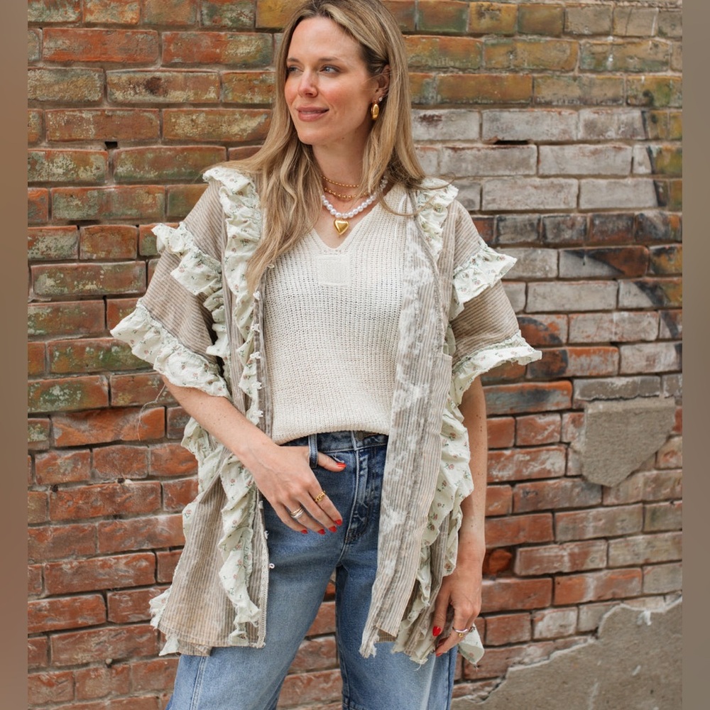 Oli & Hali Ruffle Trim Button Down Stripe & Floral Top - Picture 8 of 8